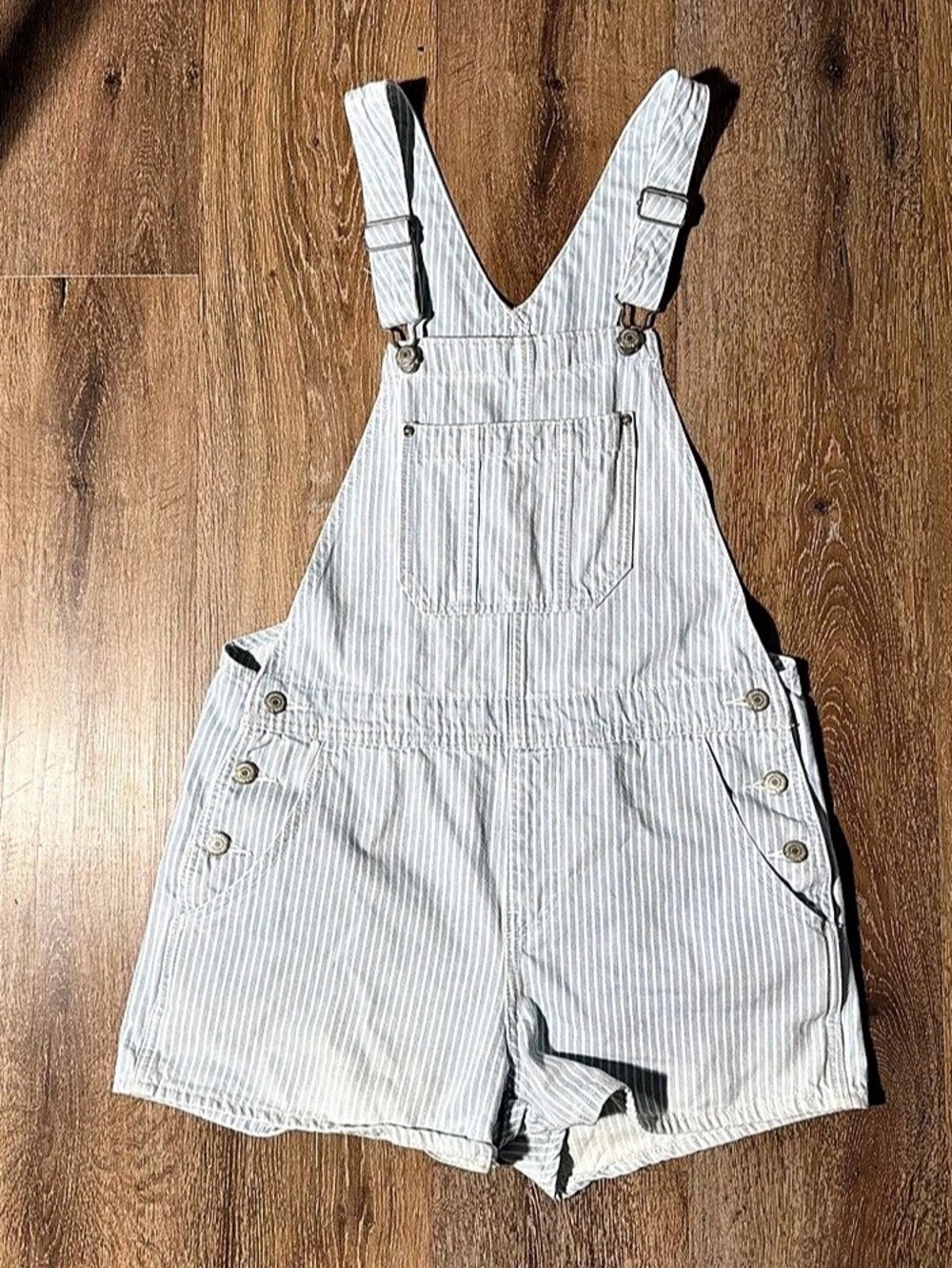 Old Navy Railroad Stripe Denim Short Overalls Blue & White Small